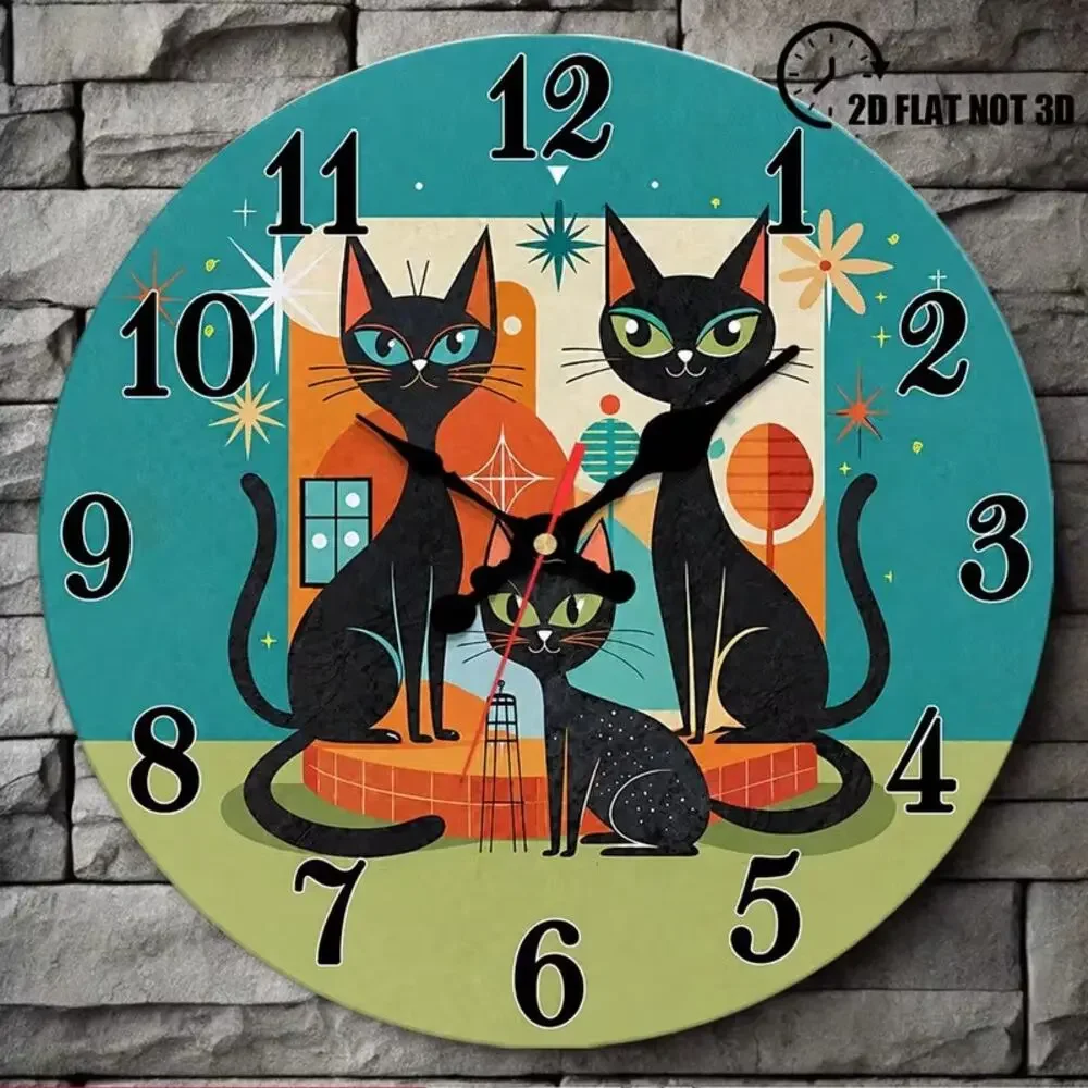 Retro Mid Century Modern Black Cats Printed Wall Clock Teal Graphic Quartz New